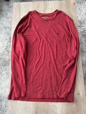 Nautica Men’s Long-Sleeve Crewneck Shirt - Heather Red with Navy Logo
